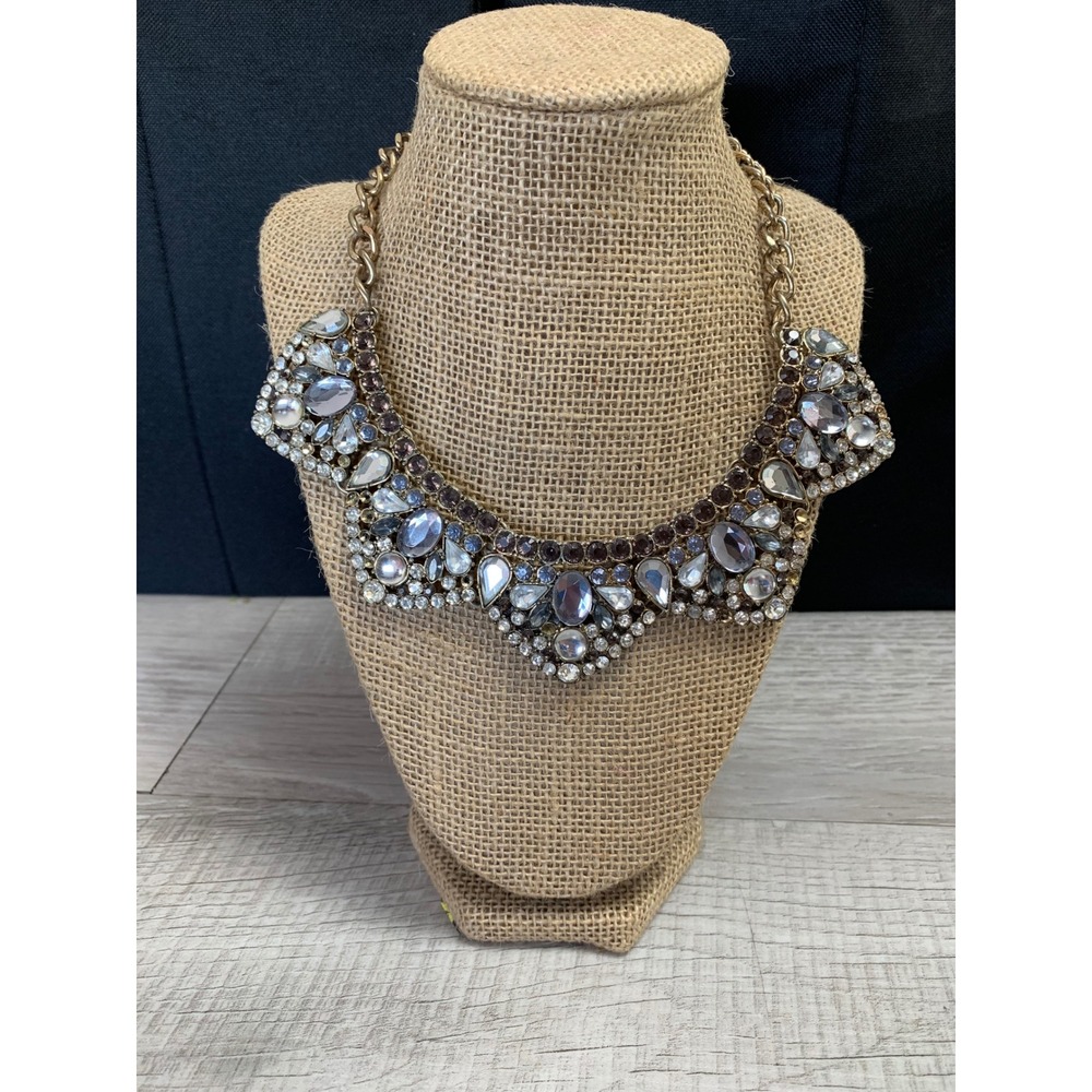 M&S Marks and Spencer Gold Tone Grey Crystal Statement Bib Collar Necklace 20"